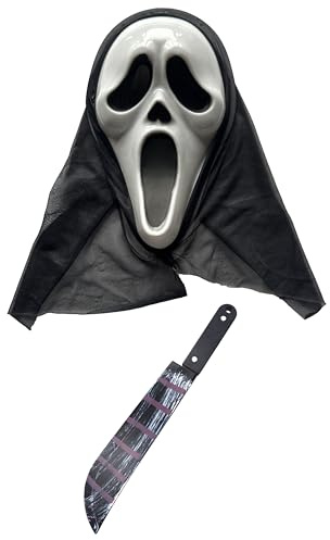 labreeze Ghost Killer Mask Scream Mask with Hood Fake Blooded Machete 50 Cm Prop Halloween Horror Ghost Fancy Dress Set
