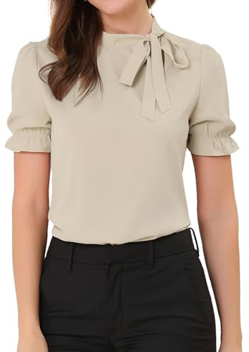 Allegra K Femmes Chemises Col Nœud Papillon Haut Chemisier Élégant Manches Courtes pour Bureau Halloween déguisement Kaki Clair S