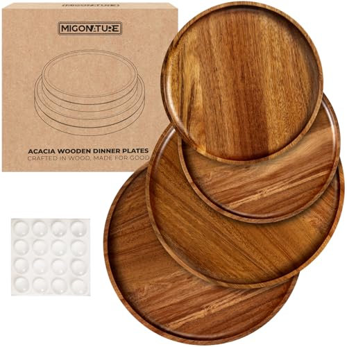 MIGOnature Set of 4 Round Acacia Wooden Charger Dinner Plates - 2 pieces 8 and 10 inch Boards for Beautifully Serving Food, Steak, Salad, Snacks, Cookies, Cheese, Cake, Vintage Kitchen Dinnerware Look
