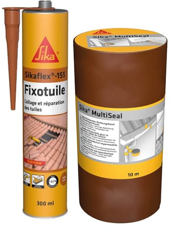 SIKA - Bande d'étanchéité autocollante - Résistant à la déchirure - Multisupports - Terre cuite - 300mm x 10m + Mastic pour collage et réparation des tuiles - Mastic PU - Terre cuite - 300ml