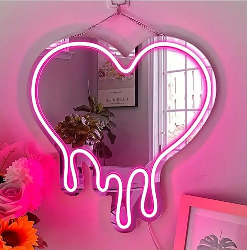 DAKABUKA Hjärta neonskylt, rosa hjärtsmältande neonljusspegel, LED dekorativ väggspegel skylt för sovrum och flickrum party studio butik dekoration födelsedag present (33 x 30 cm)