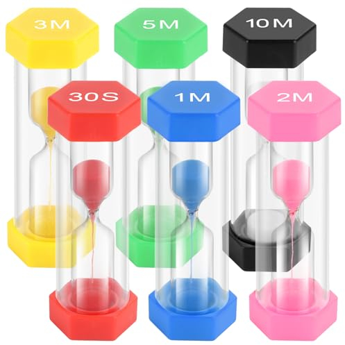 Buntes Sanduhren 6 Stück 30sec, 1min, 2min, 3min, 5min, 10 Minuten Sanduhr, Sanduhren Set für Kinder für das Leben der Kinder, Lernen, Haus Deko, Spiel Timing