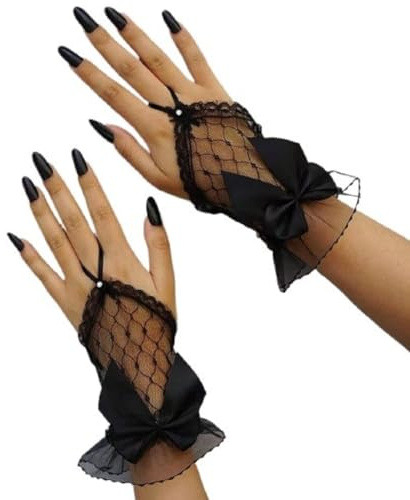 Amazleer Women's Bow Fingerless Lace Gloves Mesh Sheer Gothic Glove for Tea Party, Black, One Size