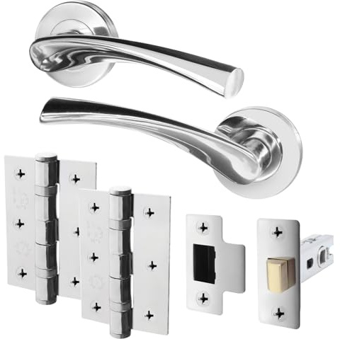 EAI Polished Chrome Door Handles with Latches and Hinges, 1 Pack - Novoli | Complete Latch Kit with 1 Pair of Round Lever on Rose Internal Door Handles, 64mm Latch, 76mm Hinges, Fixings Included