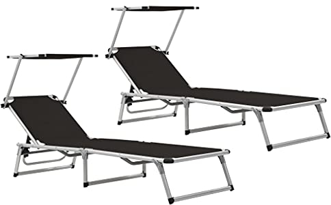 HEFZGDB Klappbare Sonnenliegen mit Dach 2 STK. Alu Textilene Schwarz Feldbett Gartenliege Strandkorb Geeignet für Pool, Terrasse, Garten.