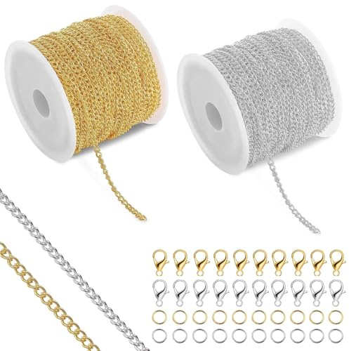 2 Roll Gold Silver Chain for Jewellery Making,10m Thin Necklace Chains | 2.4mm Width DIY Craft Bracelet Supplies, Necklace Making Kit with 60 Lobster Clasps and 120 Jump Rings, for DIY Crafts