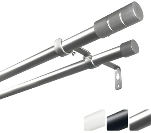 Rollmayer Vorhangstange Gardinenstange Ø 19mm Komplettset inkl. Befestigung in Silber – 5 Größen, Einläufig oder Doppelläufig – Hochwertige Gardinenstangen für jeden Raum, einfache Montage.