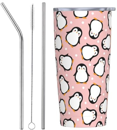VOSERY Botella de agua de 590 ml con tapa y popote, vaso aislado de acero inoxidable con diseño de pingüino, taza de café de viaje, vaso personalizado