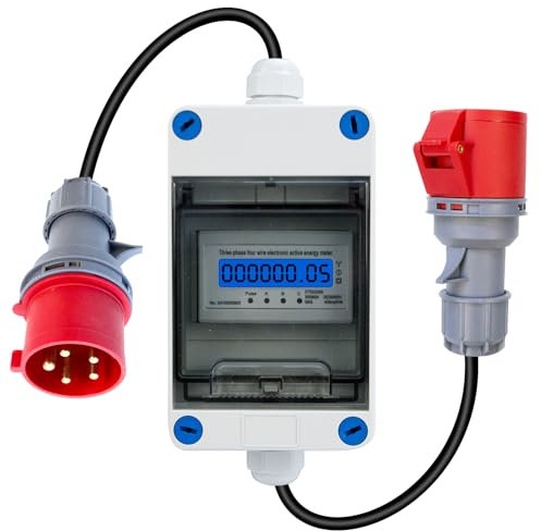 Mobiler Stromzähler, 3 Phasen 32A 400V Mobiler Digitaler Stromzähler Mit 5G 2.5 CEE Stecker und Kupplung, Mobiler Digitalzähler Mit 0,5 m Kabel an Beiden Enden, Steckdosenadapter Zähler für Camping