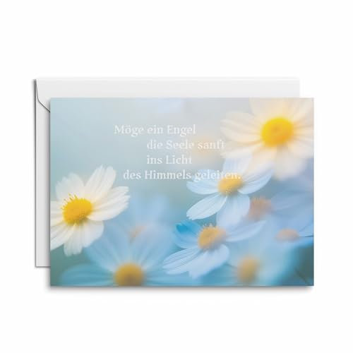 Kartenkaufrausch Einzelkarte mit Engelmotiv – 'Möge ein Engel die Seele sanft ins Licht des Himmels geleiten' – stilvolle, friedliche Trauerkarte mit Umschlag und unbedrucktem Einleger.