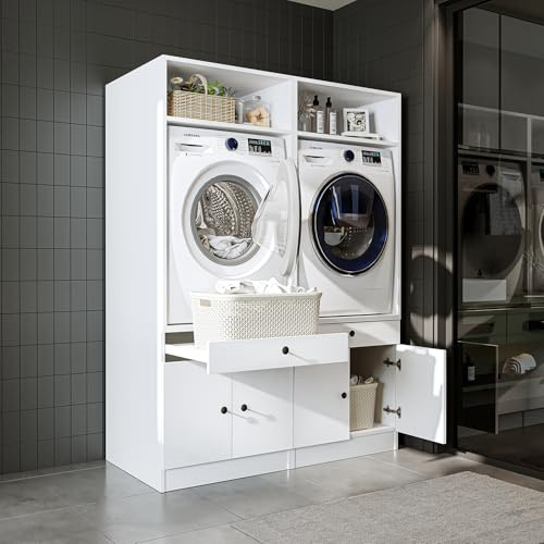 ROOMART • Waschmaschinenschrank mit Ausziehplatte & Schublade • Platzsparend • Praktisch • Ideal für Hauswirtschaftsraum (Weiß, 2 x Schränke + 2 x Aufsätze (62 cm))