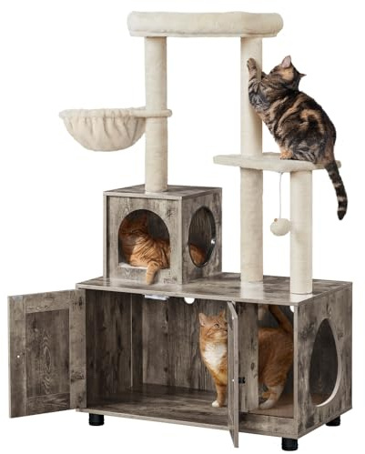 Yaheetech Árbol Rascador para Gatos con Caja de Arena de Altura 134.5cm Torre 2 en 1 de Varios Niveles Torre Escalador de Sisal con 2 Plataformas 1 Pompón 1 Cesta Arenero Oculto Madera Gris Beige