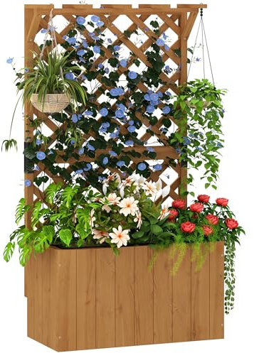Outsunny Wooden Planter with Trellis, Freestanding Raised Garden Bed with Drainage Holes, Outdoor Planter Box with Liner for Vegetables, Herbs and Flowers, Natural