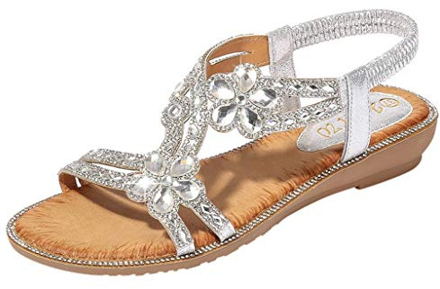 Sandales à paillettes pour femme - Sandales d'été confortables - Élégantes - Sandales plates argentées - Sandales festives - Sandales de mariage - Sandales pour femme - Élastique slingback - Bride en