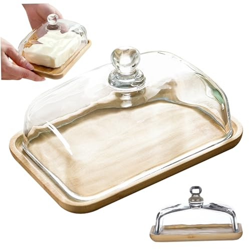 Jorzer Mantequera de Vidrio con Tapa de 18 x 10 cm Multifuncional Cuadrada Transparente con Tapa y Bandeja de bambú para la encimera del refrigerador.