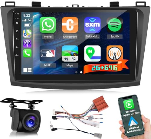 9 Pulgadas Android Radio para Mazda 3 2009-2013 con CarPlay & Android Auto Inalámbrico, 2G+64G Autoradio Pantalla Táctil, EQ DSP, WiFi, RDS, GPS, Bluetooth, Control Volante+Cámara de Marcha Atrás, MIC