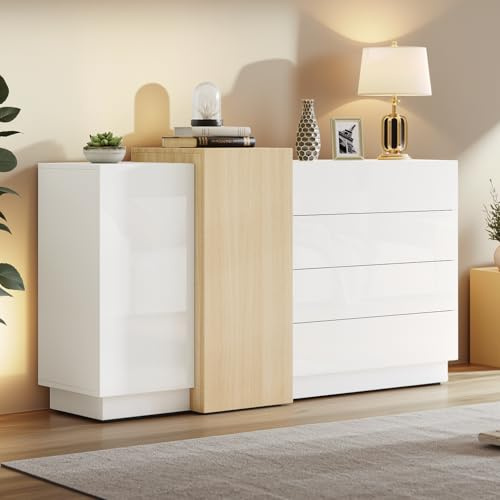LINKHOO Armoire Blanche, Buffet Blanc Brillant, de Salle à Manger Moderne avec Espace de Rangement, de Rangement Moderne Minimaliste Couleur Bois