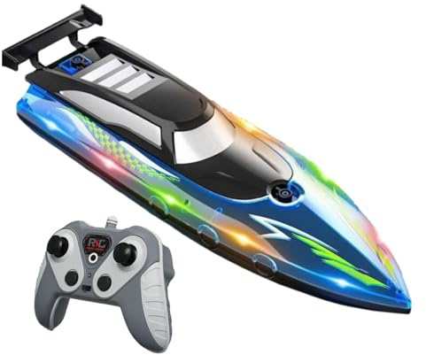 Colcolo Ferngesteuertes Boot mit Licht, Schnellboote 9 km/h, 2,4-GHz Rennboote, 30 Minuten Akkulaufzeit, Sommerspielzeug, RC-Boot für 6–12-jährige und Erwachsene, Pools und Seen, Blau