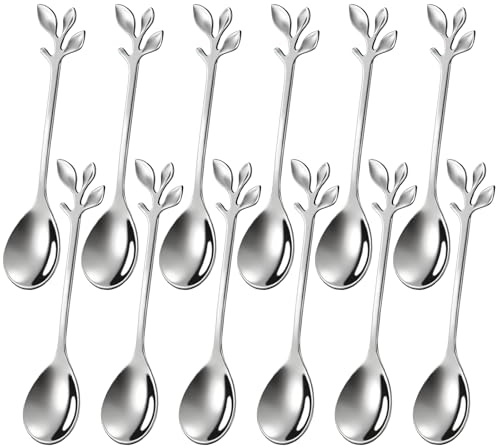 Ateweita cucchiaini da caffè, cucchiaini da tè, Cucchiaio piccolo, altamente lucidato, con elegante design a foglia,perfetto per demitasse e piccole porzioni, Coffee Spoons Kit (Silver, 12cm*12)