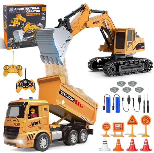 Escavatore Radiocomandato e Camion Ribaltabile Telecomandato, 2 RC Veicoli da Costruzione con Segnali Stradali, Barriere, Pietre Simulate, Luci e Rumori, Regalo di Compleanno per Bambini 6 Anni