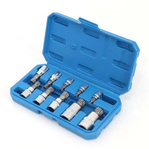 Eieenotee Juego de 10 Dados de 12 Puntas con Cabeza de Estrella (con Estuche). Kit de Herramientas Automotrices de Alta Calidad. Uso con Llave de Trinquete.