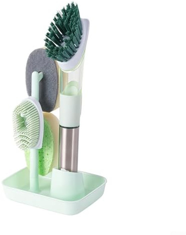 4in1 Soap Dispensing Kitchen Brush with Long Handle for Dishwashing and Household Cleaning Needs (Green)
