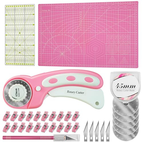 45mm Rollschneider-Set, Stoffschneider mit Lager, mit 5 zusätzlichen Titan-Rollklingen, A3-Schneidematte, Acryl-Lineal, Nähklammern, Schnitzmesser, ideal für Basteln, Nähen, Patchwork (rosa)