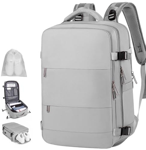MIAOKE Zaino da viaggio impermeabile da 31,5 l, con porta di ricarica USB, 10 tasche per scarpe e scomparto per laptop da 15,6 pollici, ideale per viaggiare in aereo, unisex, grigio