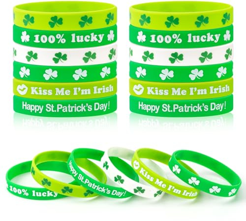 WinHoliLux 12 braccialetti in silicone per il giorno di San Patrizio, braccialetti irlandesi in silicone verde con trifoglio in gomma per bambini e adulti, accessori per feste irlandesi verdi
