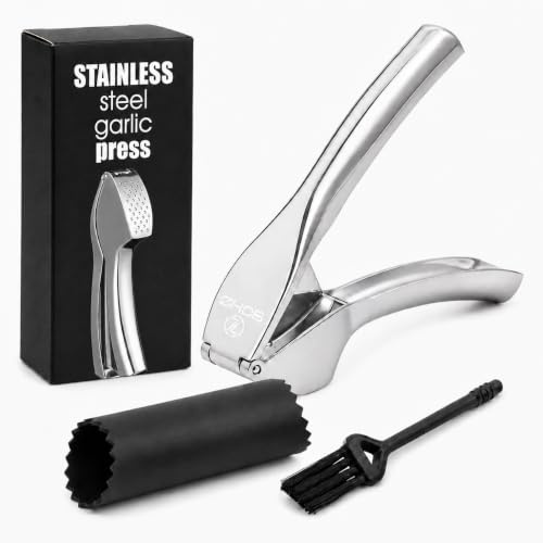 Garlic Press Premium Mincer Crusher Heavy Duty Peeler Super Easy to Use Garlic Crusher with Cleaning Brush Stainless Steel Garlic Crusher Press (Medium)