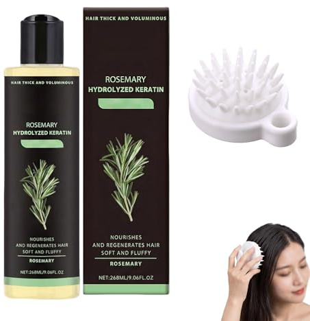 Shampoing au Romarin pour Croissance Cheveux 268ml avec Brosse de Massage Blanche, Shampoing Épaississant et Fortifiant pour Femme, Soin Capillaire pour Cheveux Normaux et Fins