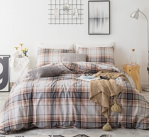 SUSYBAO Khaki Plaid Duvet Cover King 100% Cotton 3 Pcs Set 1 Brown Buffalo Checkered Duvet Cover with Zipper Ties 2 Pillowcases Rustic Tan Tartan Print Bedding Set Soft Comfortable