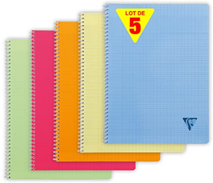 Clairefontaine 328316C samling Linicolor färsk uppsättning med 5 spiralanteckningsböcker – 24 x 32 cm – 180 sidor stora fyrkanter – vitt papper 90 g – transparent polypro-fodral – slumpmässiga färger