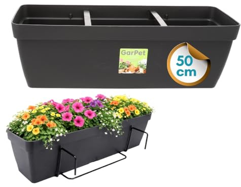 GarPet Blumenkasten Balkon Balkonkasten mit Halterung Blumenkasten mit Wasserspeicher Blumentopf Balkongeländer Blumenkastenhalterung Balkon Pflanzkasten Anthrazit 50 cm