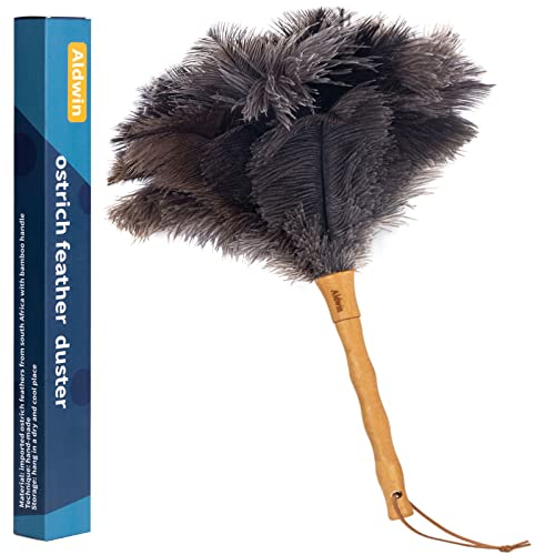 Aldwin Ostrich Feather Duster, 15 Inch, Soft, Grey, Washable, Ergonomic Handle, Reusable, Fluffy Natural Feather Duster for Cleaning Supplies, Keyboard, Home, Car, Office