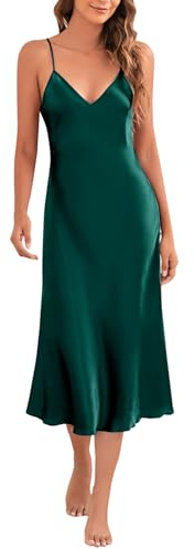 Marvmys Satin Nightdress for Women UK Long Negligees Strap Chemise Nighties for Ladies V Neck Full Slips Sleepwear Dark Green M