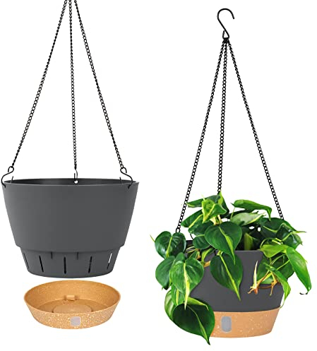 QCQHDU Pflanzgefäß-Set zum Aufhängen, 25,4 cm, für drinnen und draußen, hängender Blumentopf mit Drainageloch mit 3 Haken für Garten und Haus (grau)