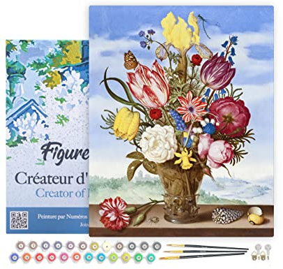 Figured'Art Peinture par Numéro Adulte avec Cadre Bouquet de Fleurs - Ambrosius Bosschaert - Activité Manuelle Kit de Loisir Créatif DIY Numéro d'Art Complet - 40x50cm toile tendue sur châssis