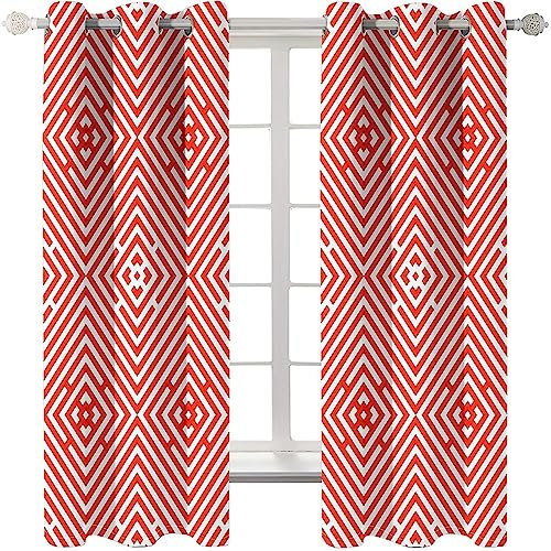 Homxi Küchengardinen Modern Blickdicht 2er Set,2 x 107W x 274H cm,Gardinen Schlafzimmer Blickdicht Rot Weiß Geometriemuster Vorhang Ösenringe