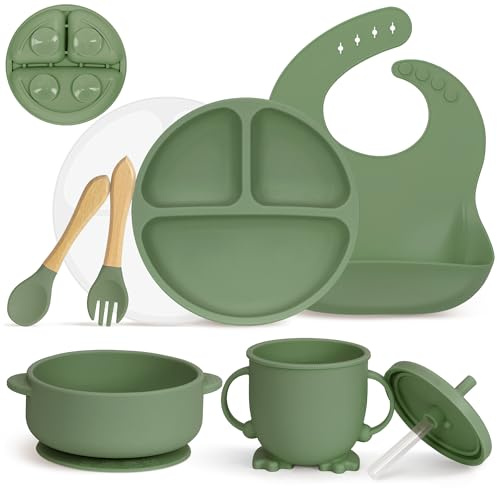Mojinl Barnservis i silikon, halkfritt matset för barn med sugkoppar, 7 stycken BPA-fria matbestickset med sked, gaffel, skål, haklapp, babymugg, lär-dig-dricka-kopp och tallrik med lock