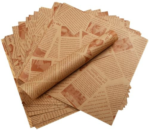 Lot de 200 feuilles de papier ciré pour paniers alimentaires, 25,4 x 25,4 cm, imprimé vieux journal, papier sulfurisé pour emballer du pain, des hamburgers, des frites, des sandwichs (marron)
