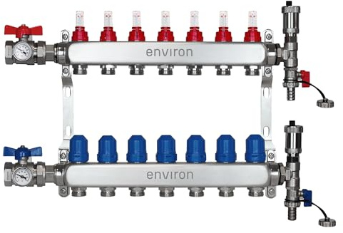 ENVIRON- Heizkreisverteiler [2-12 Heizkreise] mit Kugelhahn Set und Schnellentlüfter Set | Fußbodenheizung Heizung (7 Heizkreise)