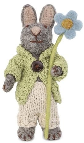 Én Gry & Sif handgefilzter Osterhase mit Ornament - Häschen - Anhänger aus Filz - Ostern-Deko - fair Trade Handmade (Grauer Hase mit Anzug Blume)