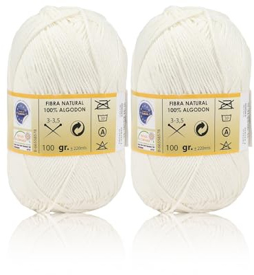 Pack de 2 Ovillos de Algodón Premium – Hilo de Algodón para Tejer a Crochet 100% Natural, 100g y 220m - Ideal para Tejido y Ganchillo (Crudo)