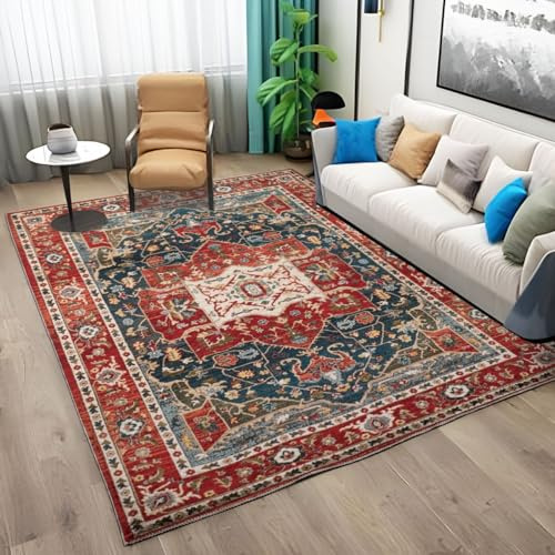 Stile Persiano Retrò Rosso Tappeto Lavabile in Lavatrice 80x150cm Rosso Antiscivolo Tappeto per Sala da Pranzo e Soggiorno, Tappeto Pelo Basso, Tappeto da Comodino per Camera da Letto