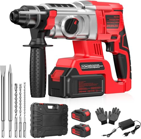 Martillo Perforador a Batería avec 2 Batteries 4,0 Ah, Martillo Percutor 21V, Marteau de Démolition SDS-Max, 3 Brocas, 2 Cinceles