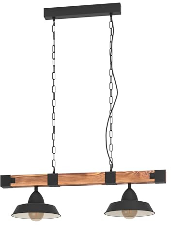 EGLO Hängelampe Oldbury 2 flammige Vintage Pendelleuchte | im Industrial Design, Pendellampe aus Stahl und Holz, Farbe Schwarz, braun rustikal, E27, 86 cm, FSC zertifiziert