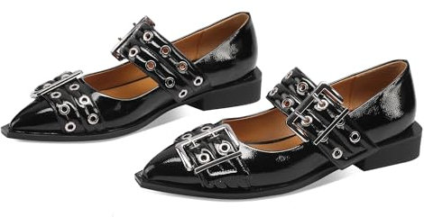 Bor Sint Ballerinas für Damen, spitze Zehenpartie, mit Nieten, Schnalle, bequeme flache Schuhe mit niedrigem Absatz, Schwarz, 43 EU