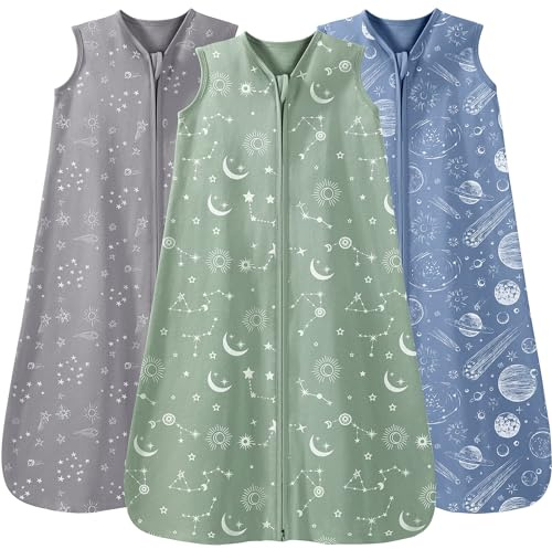 Unnivoll 3er Pack Schlafsack Baby Sommer 0.5 Tog 100% Baumwolle Sommerschlafsack Babyschlafsack 12-18 monate 84 cm für Jungen Mädchen Kinder Grau Grün Konstellation