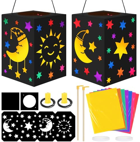Sprinlot Laternen Bastelsets, 2 Stück Mond Sterne Laternen ca 14 x 20 cm mit Dekorative Lichter, Martins Laterne Bastelset, Geschenk Laternenfest